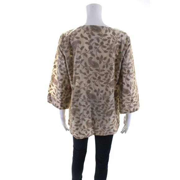 Jennifer T Womens Embroidered Paisley Y Neck 3/4 Sleeve Top Blouse Beige IT 42 - Picture 3 of 4